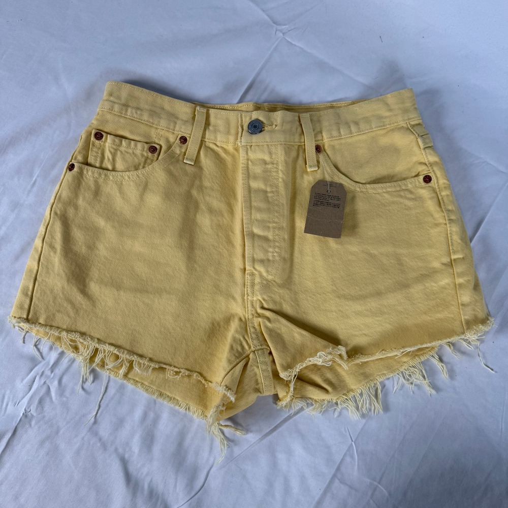 Levis 501 Original Shorts Womens 29‎ Yellow Denim High Rise Button Fly Raw Hem